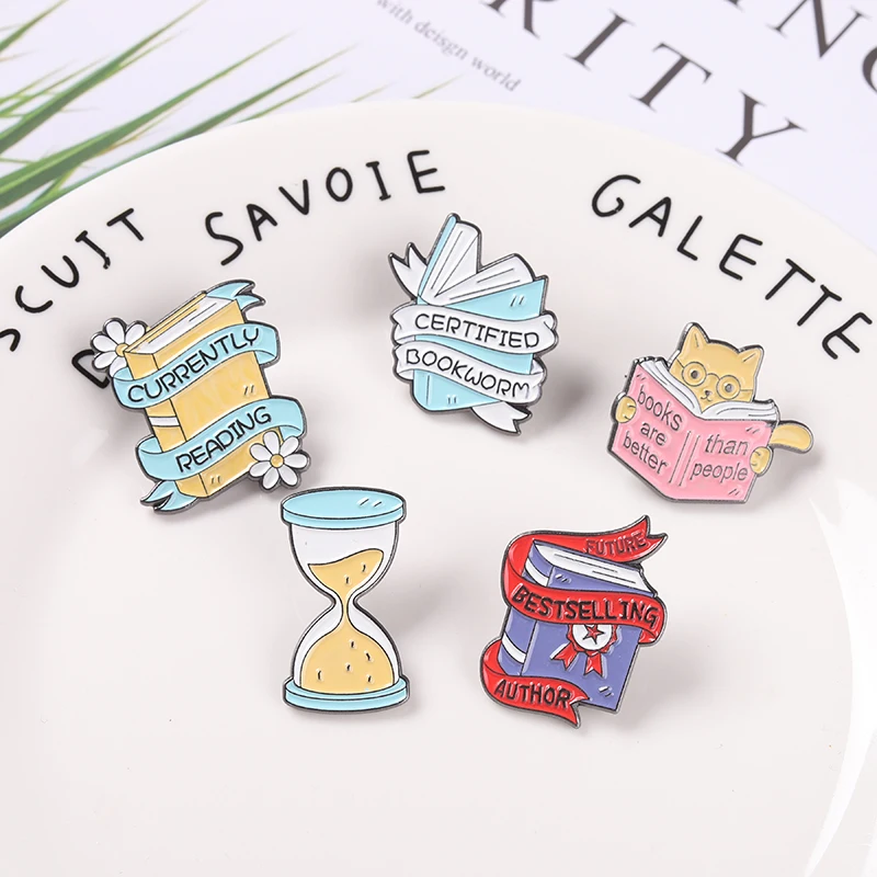 Cute Books Enamel Brooch Dog Flowers Coffee Cup Black Cat Reading Books Cartoon Badges Punk Clothing Lapel Pins Jewelry Gift New