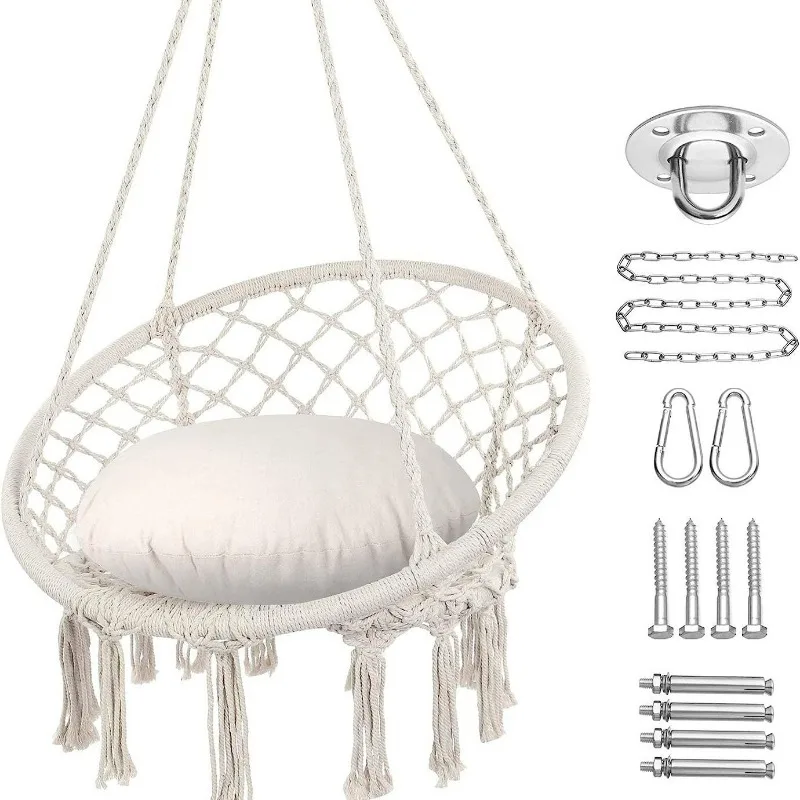 Round Macrame Hanging Swing Chair Cotton Rope Diamond Weave Tassel Hammock Chair With Soft Cushion