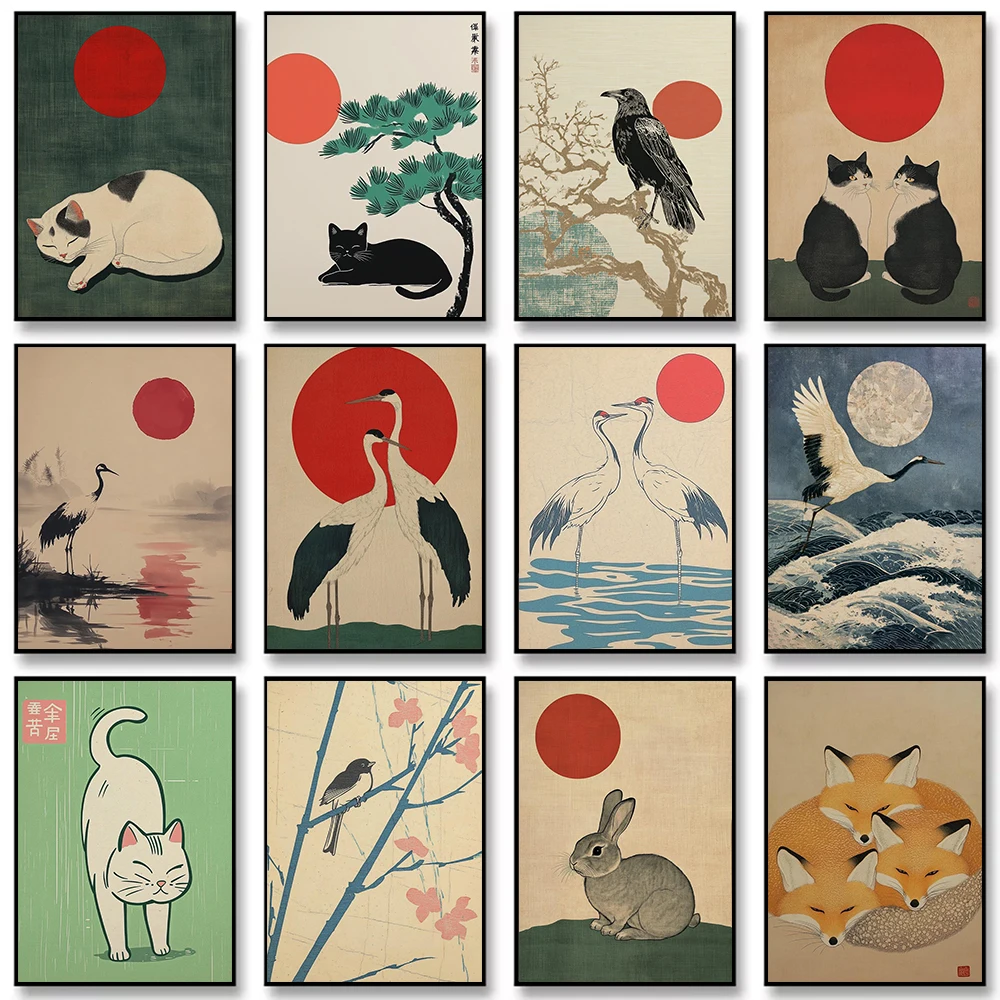 Vintage Classic Asian Style Wild Animal Fox Cat Rabbit Crane Canvas Painting Wall Art Poster Picture Home Decor Mural Cuadros