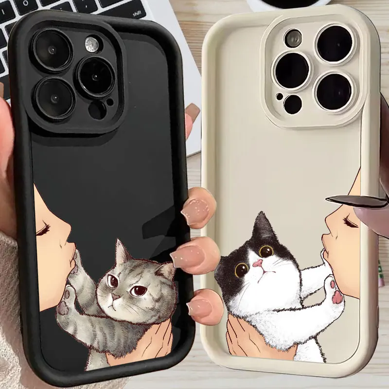 Phone Case For iPhone 16 15 14 13 11 Pro Max 12 Mini Cute Lovely Cat Kiss Face Case For iPhone 15 16 Plus Soft Protective Cover