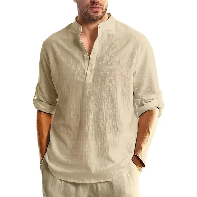 男性用コットンリネンシャツ,軽量シャツ,長袖,henleyビーチ,通気性,ハワイアン大判
