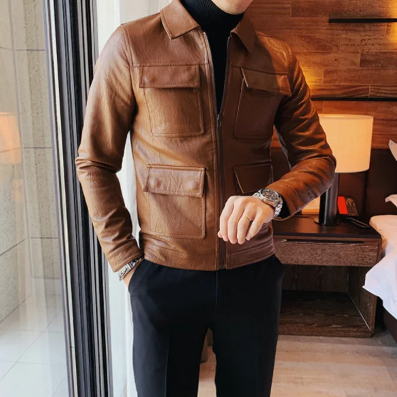 

Men's Lapel Zipper Leather Men's Coat Fashion Gorgeous Spring and Autumn Men's Jacket Slim Handsome European and American Simple