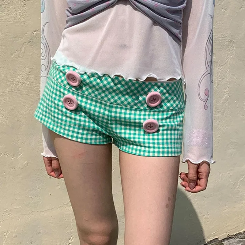 Sommer Damen Y2K Street Club Gingham Karierte Vier-Knopf-Dekor Niedrige Taille Ultra Kurze Bodycon Booty Hot Pants Shorts – Detail 9