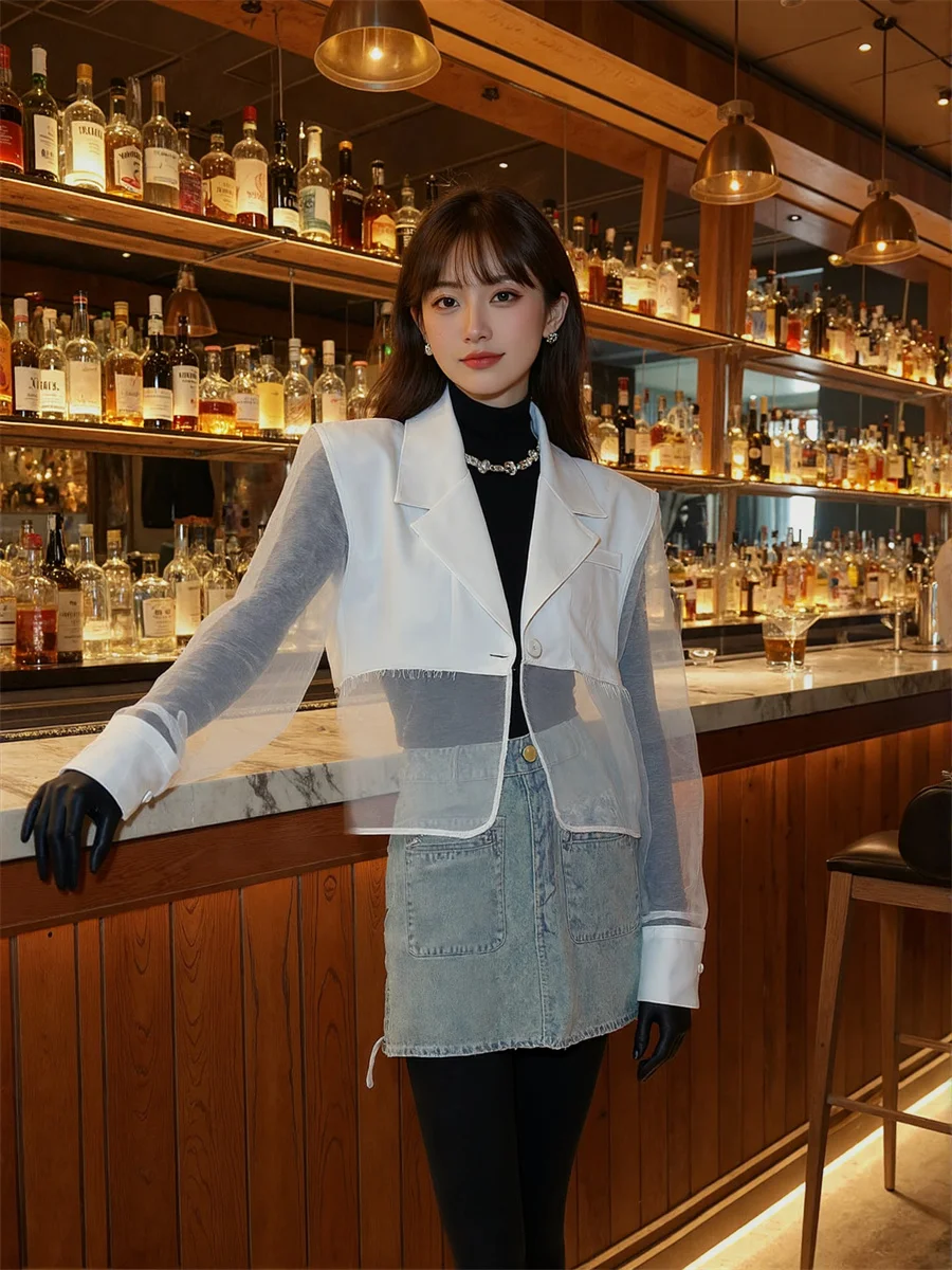 سترات شفافة شفافة مقاومة للشمس للنساء مع تصميمات ملابس نسائية شتوية على الطراز الكوري أنيقة واحدة الصدر OL