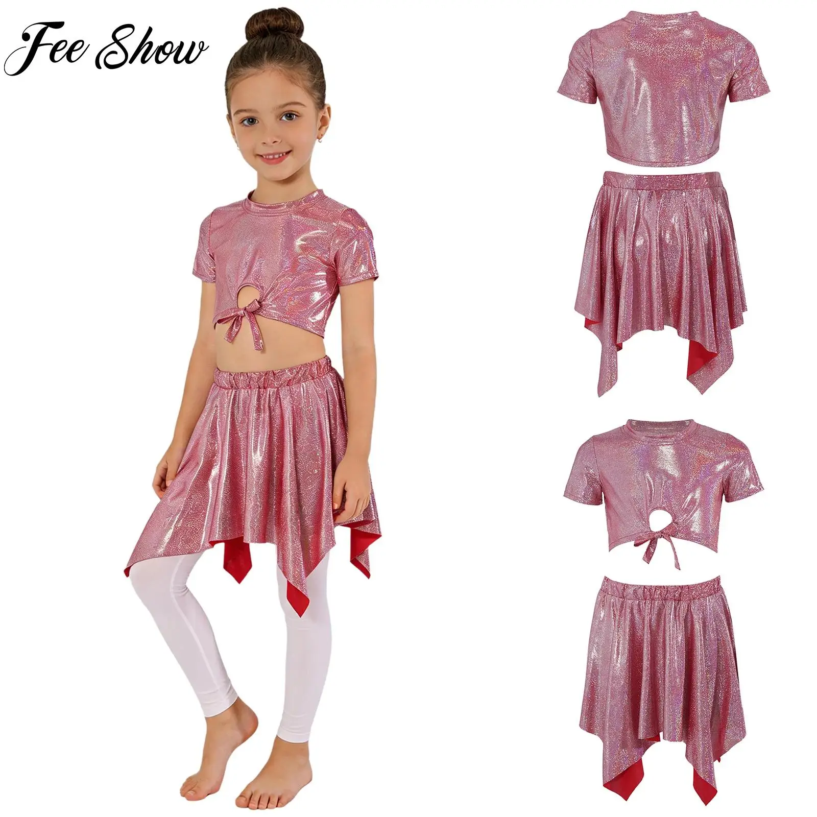 Kids Girls Metallic Jazz Modern Dance Outfit Short-sleeve Tie-front T-shirt with Skirt Sets for Hip Hop Cheerleading Performance