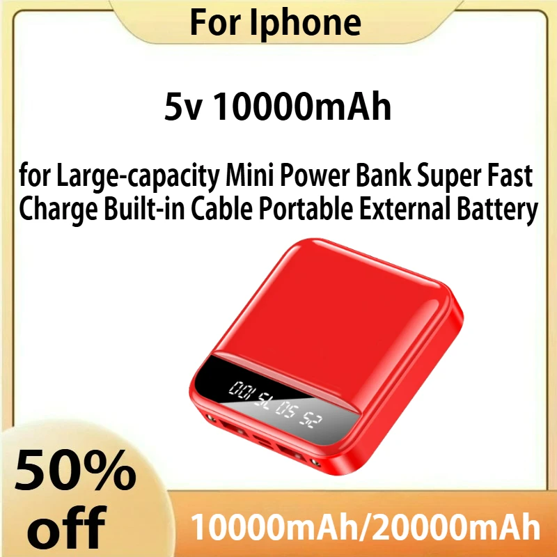 

30000mAh Large-capacity Mini Power Bank Super Fast Charge Built-in Cable Portable External Battery For Iphone Samsung New