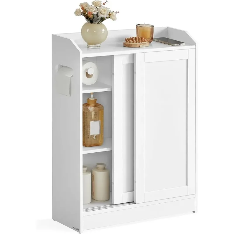 

Bathroom Cabinet, Bathroom Storage Cabine with Toilet Paper Holder&Brush Compartment, with Sliding Doors&Adjustable Shelves