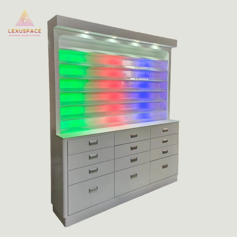 custom.Popular White Nail Polish Display Cabinet Stand with Ambient Colorful Light and Customized
