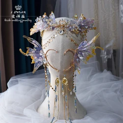 Chinese Wedding Liquid Flower Crystal Mermaid Princess Crown Hair Accessories Hanfu Head Accessories Purple Crystal Headdress