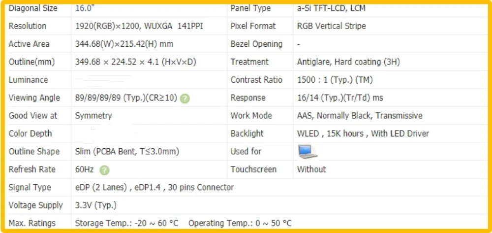 N160JCG-GT2 N160JCG GT2 FHD 1920x1200 16.0 inch Laptop Display LCD Screen IPS No-touch Panel EDP 30pins 60Hz