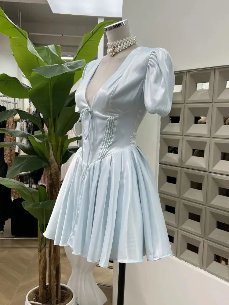New Women's Party Cocktail Evening Dresses Satin V-Neck Low Cut Bubble Short Sleeve Solid Color Fashion Women's Short Dress ﻿