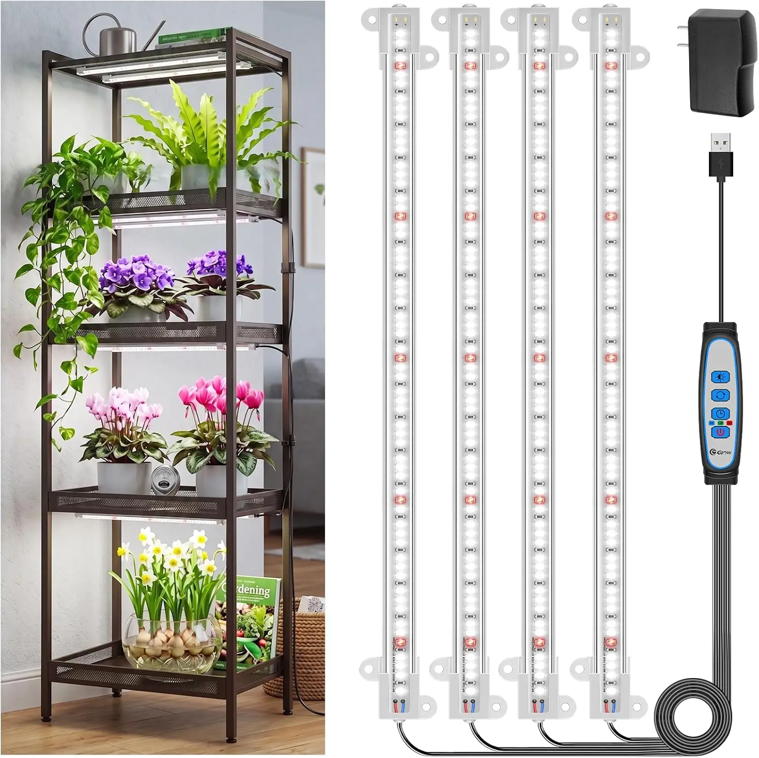 

Full Spectrum 6000K LED Grow Light Strips with Auto Timer 6/12/16H, 5 Dimmable Levels, 3 Modes for Indoor Plants Hydroponics Seedling