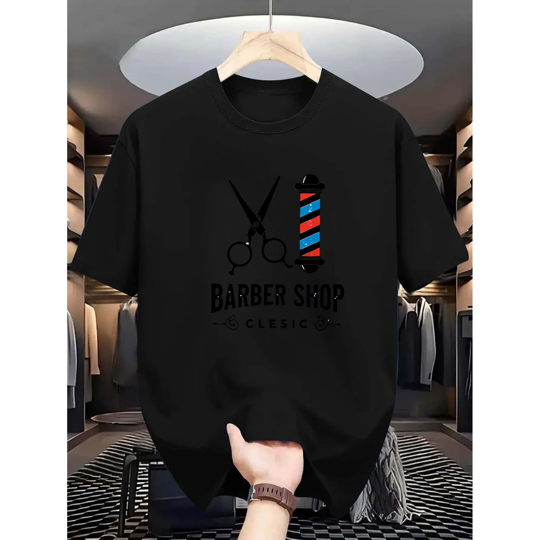 Barber Shop Logo Graphic Men's Cotton T-Shirt Short Sleeve Round Neck Casual Tee