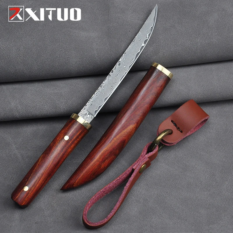 

Mini Small Helper Damascus Steel Straight Knife Outdoor Survival Knife Camping Sharp Fruit Knife Portable Self-Defense Knife