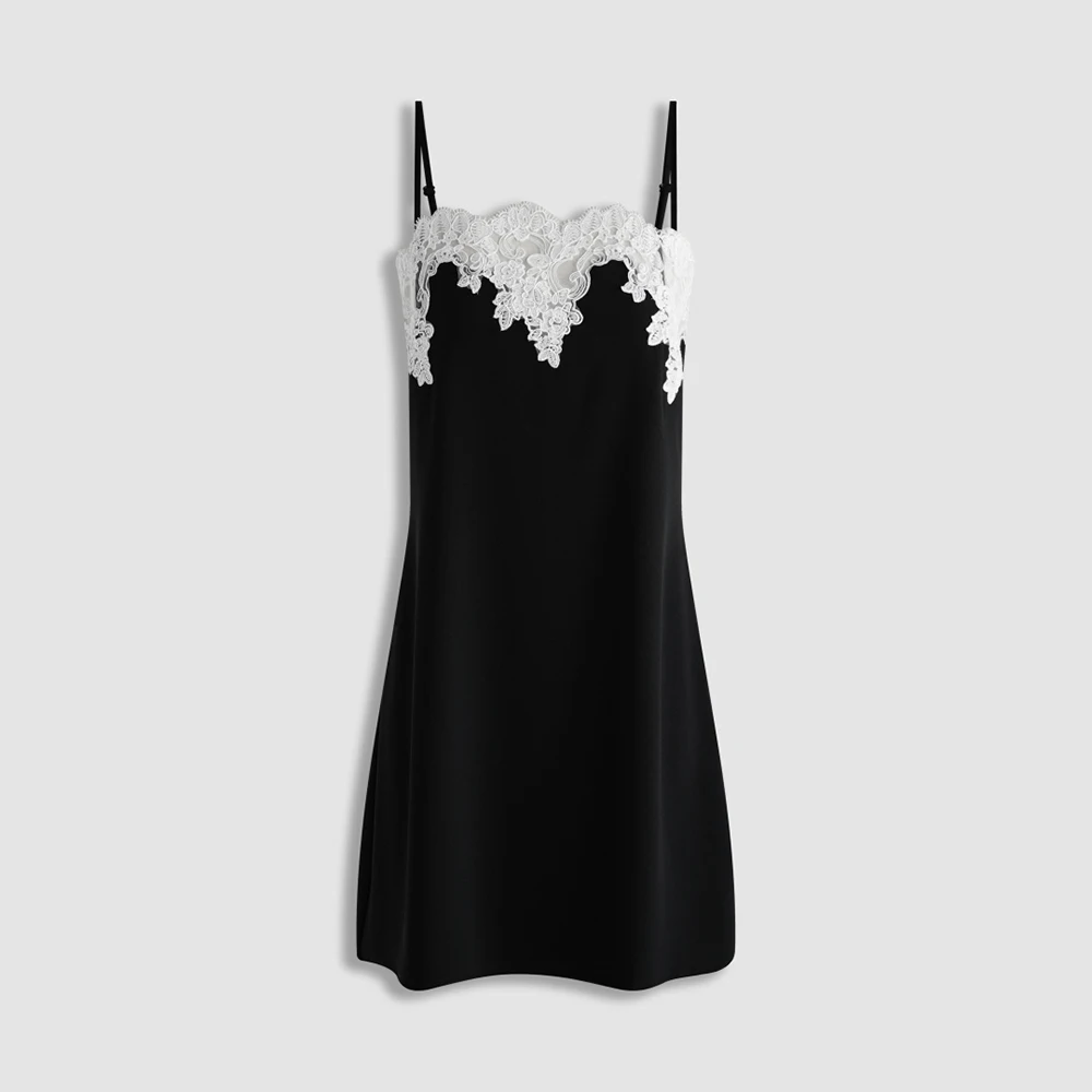 Ladies Acetate Blend Mini Slip Dress Spaghetti Straps Lace Trim Satin A‑Line Dress Women Elegant Party Club Evening Vestidos