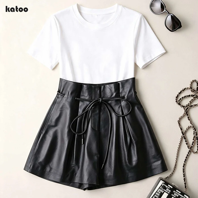 Fashion Black Genuine Leather Shorts Spring Women High Waist Belt Slim Sheepskin Wide Leg Casual Short Leather Pants Bermuda