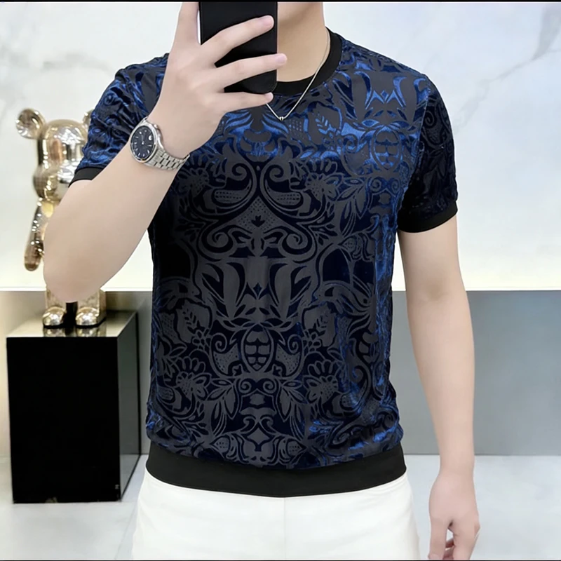 Hollow Out Velour O-Neck T Shirt For Men Short Sleeve Breathable Summer Quality Cool Feeling Stretchy Casual Camisetas De Hombre