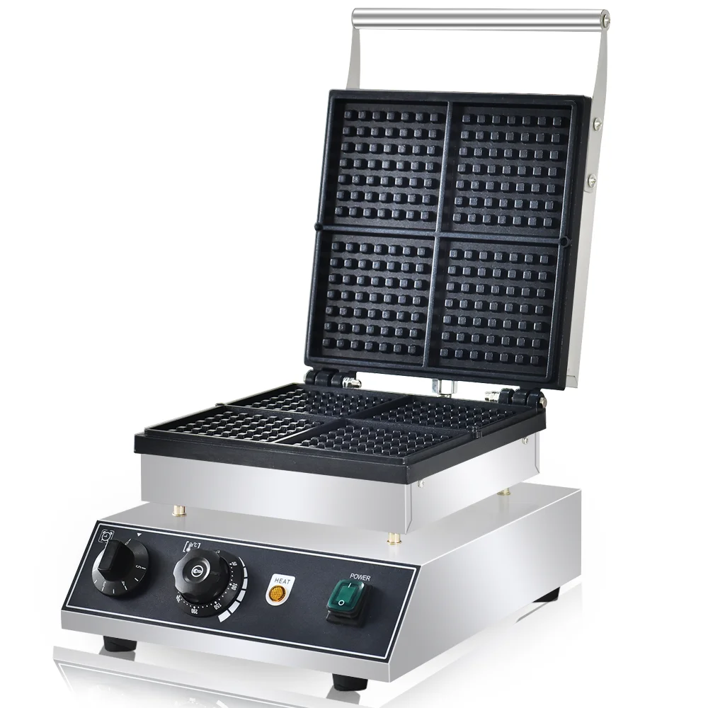 Máquina de waffle comercial, 4 peças, máquina de waffle quadrada, elétrica, antiaderente, aço inoxidável, waffle belga, ferro com temperatura