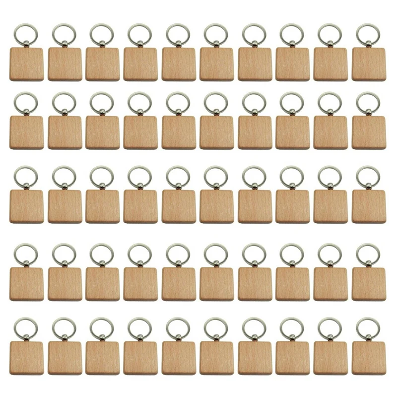 

200Pcs DIY Blank Wooden Keychain Square Carved Key Ring Wooden Key Ring 40 X 40 Mm