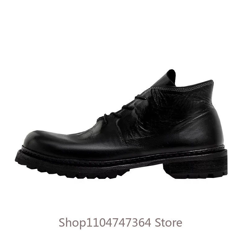 Italian Style Lace Up High Top Leather Shoes Men's Retro Handmade Work Riding Chelsea Ankle Boots Male Genuine Leather Black