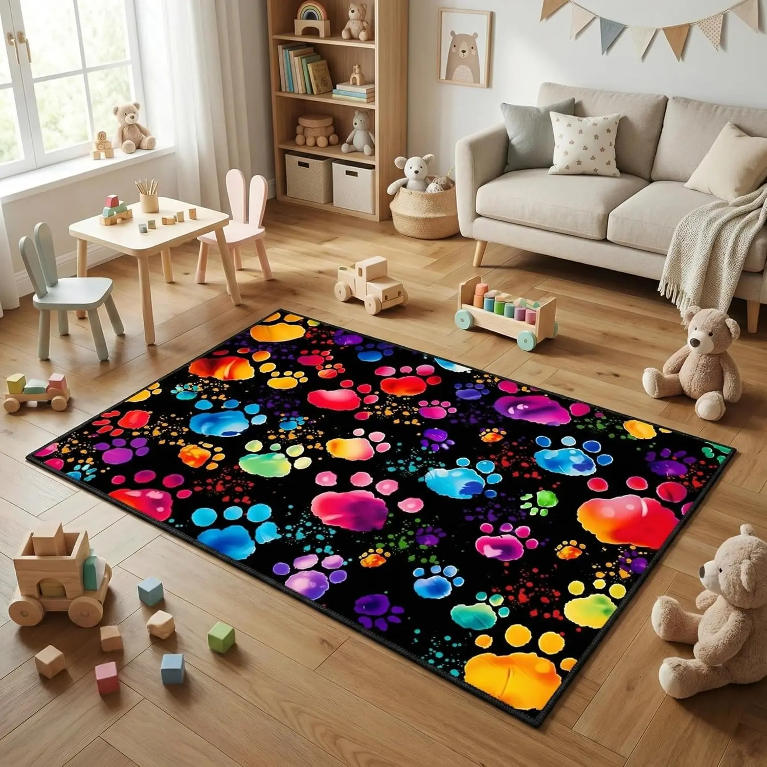 

Colorful Paw Print Kids Area Rug, Black Background Rainbow Paw Pattern Floor Mat for Nursery, Playroom, Non-Slip Washable Carpet