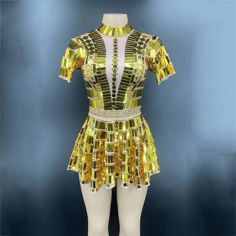 2025 Nightclub Bar Female Singer DJ Shiny Mirror Costume Short Sleeves Dress Gogo Dance Costume Rave Party Gold Stage Outfit yj