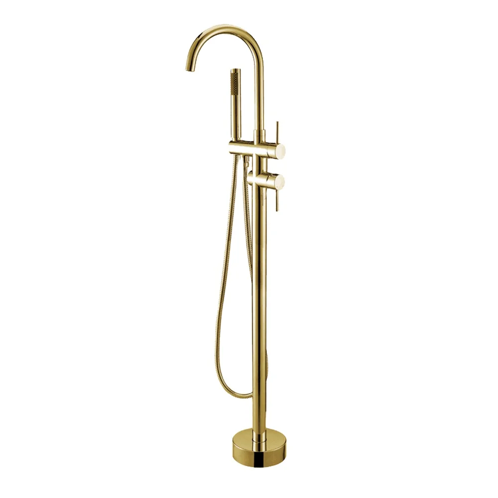 Brushed Gold Freestanding Faucets Floor Stand Bath Tap With Handheld Shower