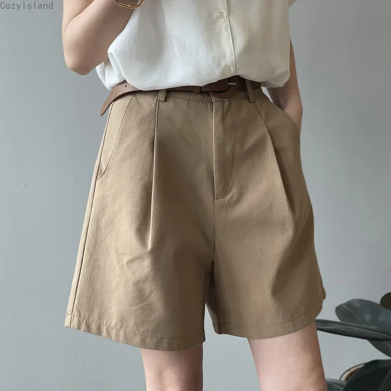 Straight Shorts for Women Wide Leg Pants Belt Summer Cargo Cotton Loose Thin Wrinkle High Waisted Zipper Pocket Crop Clothing