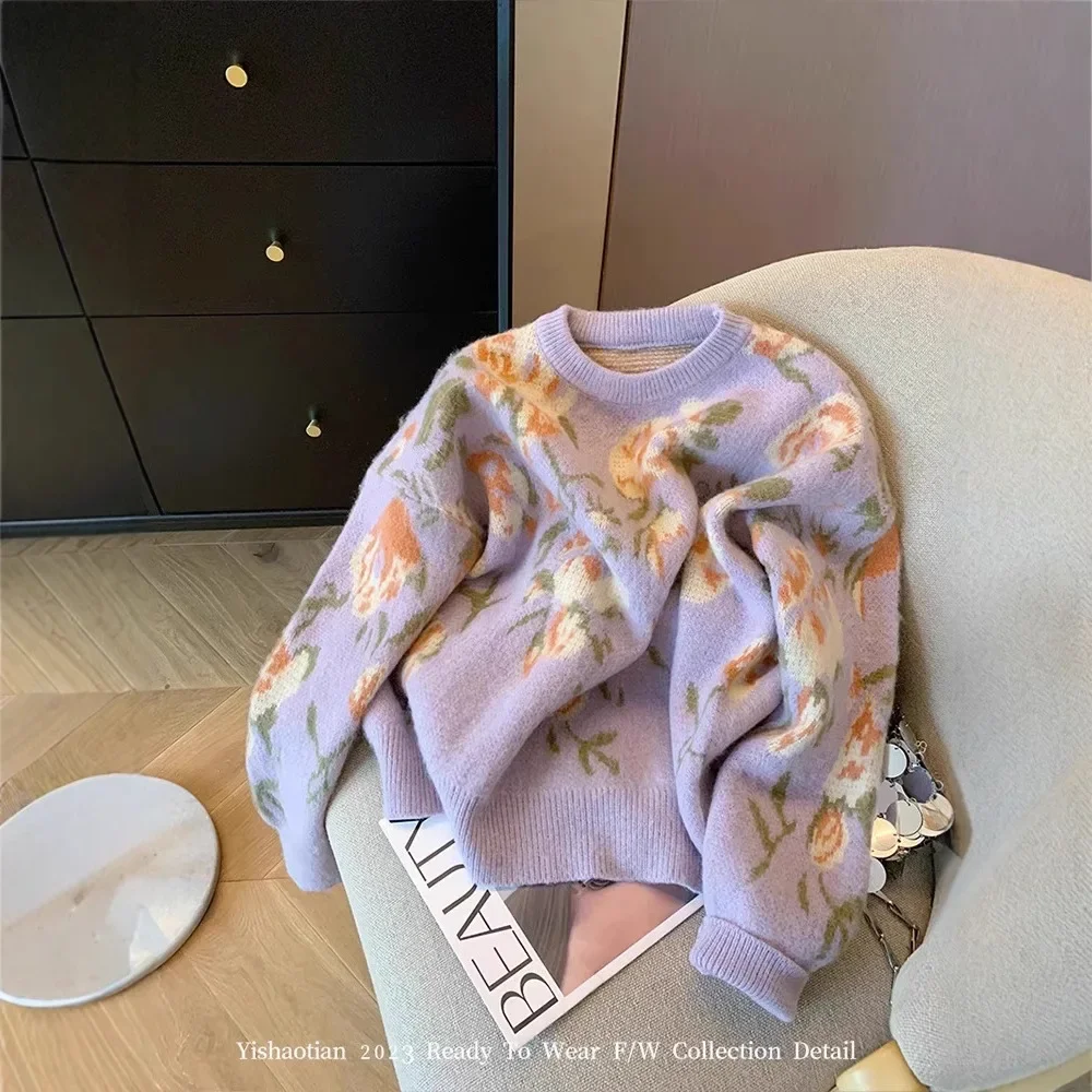 Purple Rose Printing Round Neck Pullover Sweater Women's Autumn Winter 2024 Vintage Loose-Fit Soft and Supple Knitted Top