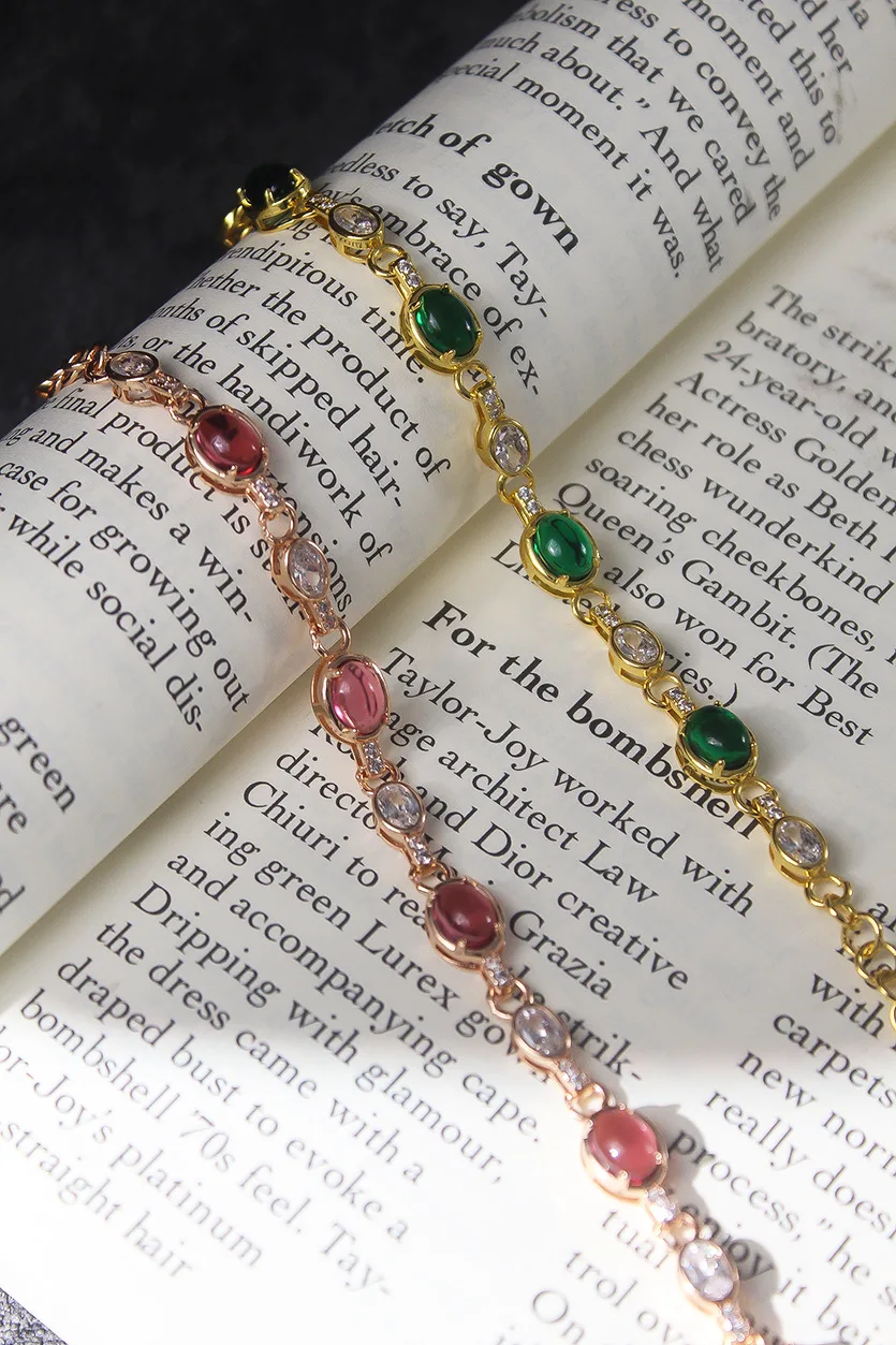 Chic Gold Stainless Steel Pink Tourmaline Oval Bracelet Green Emerald Diamond Rhinestone CZ Adjustable Bracelet For Female Jewel