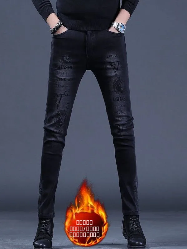 

Black Fleece Lined Thick Denim Jeans Men's Slim Fit Autumn Winter Small Foot Elastic Long Pants New 2025 Men's Jeans