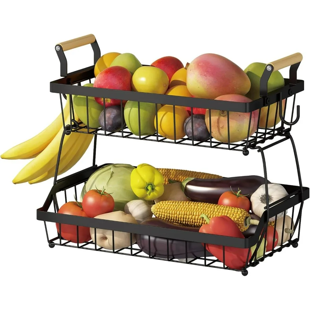 

2 Tier Fruit Basket Bowl Farmhouse with Side Hooks for Kitchen Countertop, Detachable Metal Bread Fruit Vegetable Storage Basket