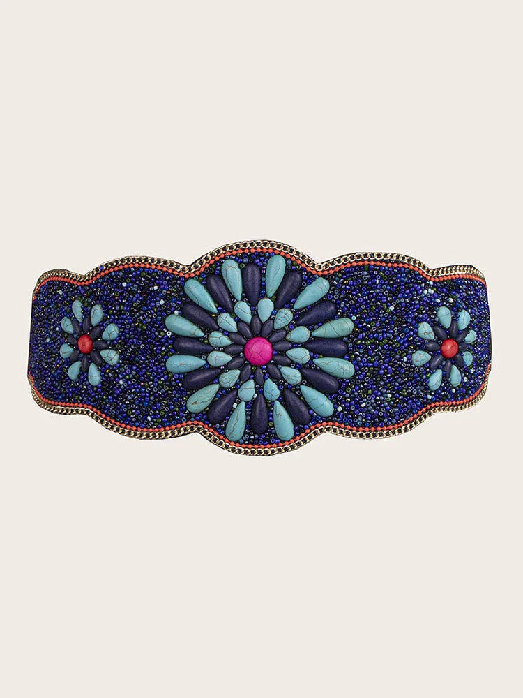 Women Ethnic Corset Waistband Bohemian Elastic Wide Belt Beads Decorated Girdle For Coat Dress Colorful Female Waist Belts