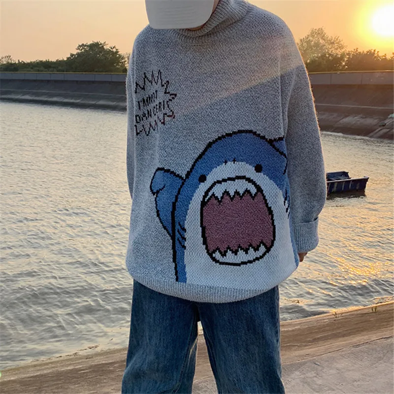 2022 Winter Men Turtlenecks Shark Sweater Men Patchwor Harajuku Korean Style High Neck Oversized Grey Turtleneck Pullover Men