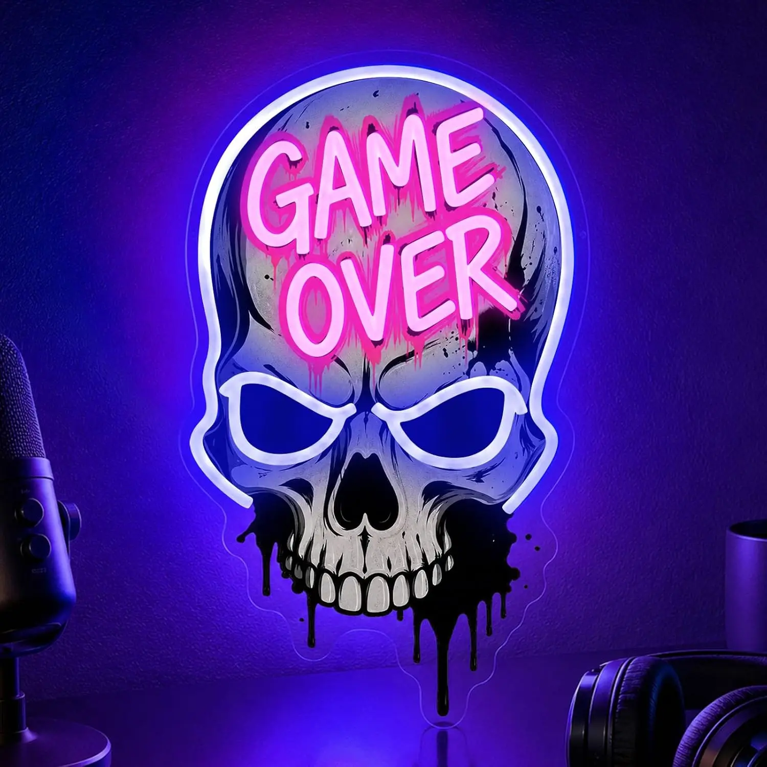 Game Over Skull Neon Sign USB Powered LED Neon Light Christmas Gift Halloween Party Game Room Bedroom Home Man Cave Decoration
