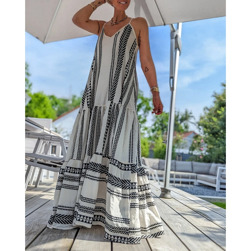 

Women's Geometric Print Ruched Hem Spaghetti Strap Loose Maxi Dress Femme V Neck Casual Vacation Long Dresses Summer Elegant