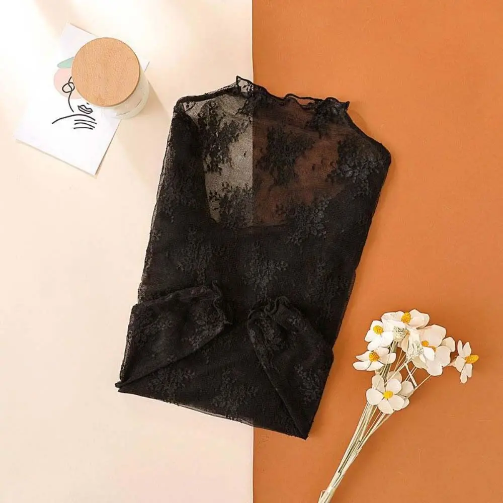 

Sweet Mesh Transparent T-shirt Hollow Long Sleeve Lace Floral Shirts Thin Sheer Tees Lace Bottomed Blouse Female
