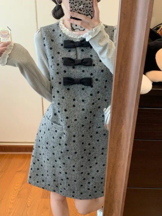 

plus Size Fashion Set Small Fragrance Style Long Sleeve Knot Vest Dress Base Shirt Top Autumn New Age Reduction