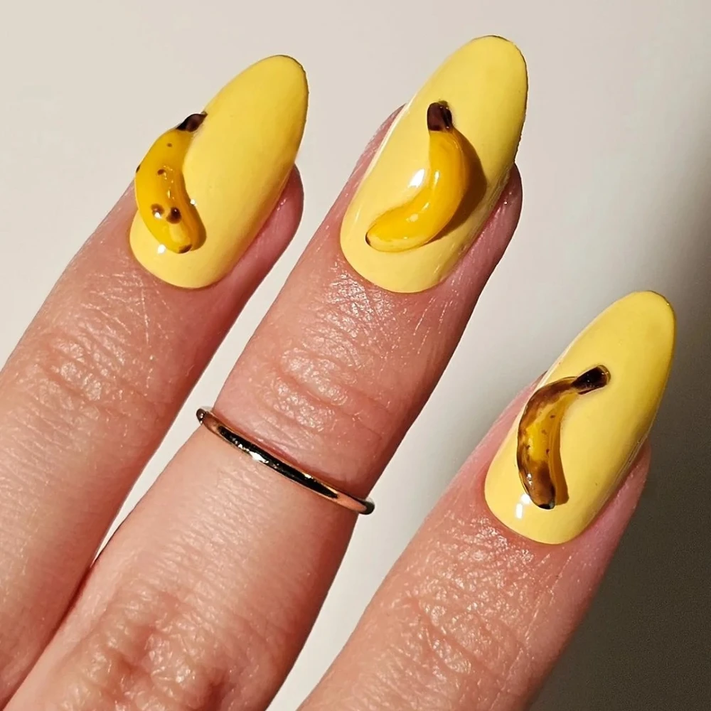 2024 New Handmade Manicure Medium Almond Fake Nails Cute 3D Banana Nails Press On Nails Design with Adhesive Nail File Set