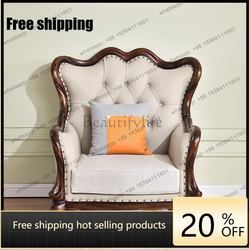 LS solid wood leather sofa large apartment living room retro European villa furniture 1 + 2 + 3 combination