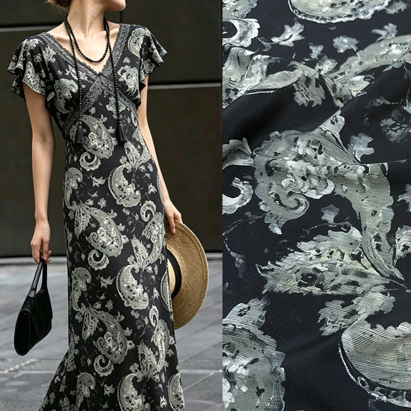 Grey Printed Stretch Black Silk Crepe de Chine Fabric for DIY Sewing Summer Dress Skirt Blouse Pajamas Soft Silk Fabric FR6985
