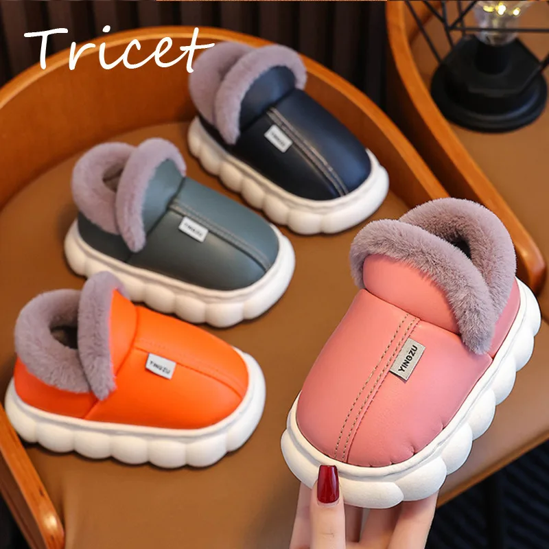 

New Kids Cotton Shoes PU Leather Solid Winter Slippers For Boys Girls Waterproof Plush Thick Warm Children Slippers