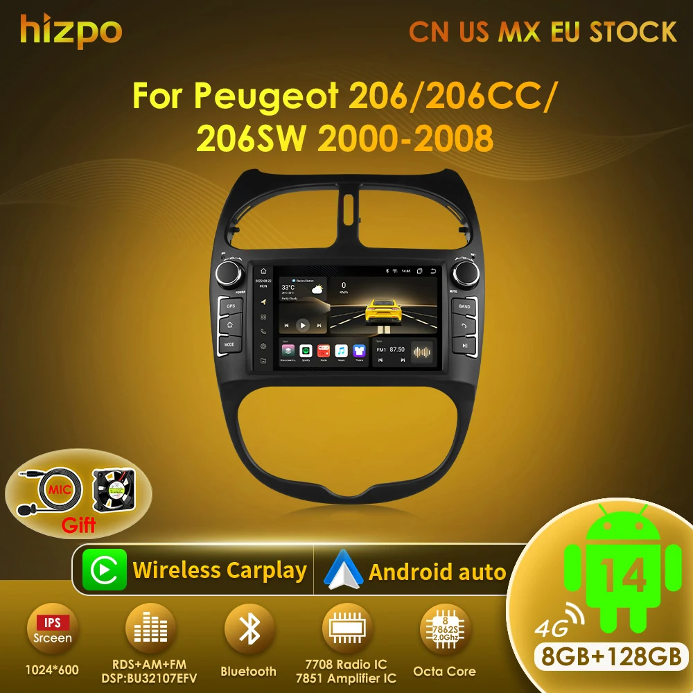 Rádio Automotivo Hizpo 7862 2din Android 14 para PEUGEOT 206 206CC 206SW 2000-2008, Reprodutor Multimídia Automotivo com GPS, Autoradio, Carplay e Navi