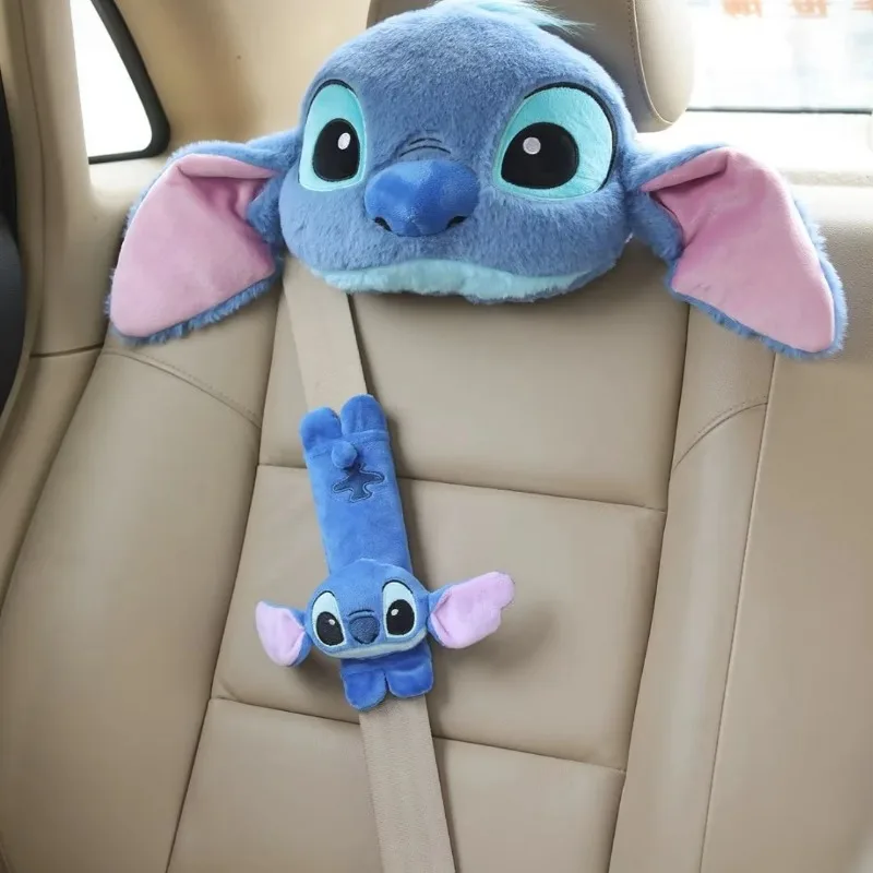 Stitch Seat Belt Protective Cover Cute Cartoon Soft Plush Car Headrest Neck Pillow Fashion Car Tissue Box Decor BIrthday Gift