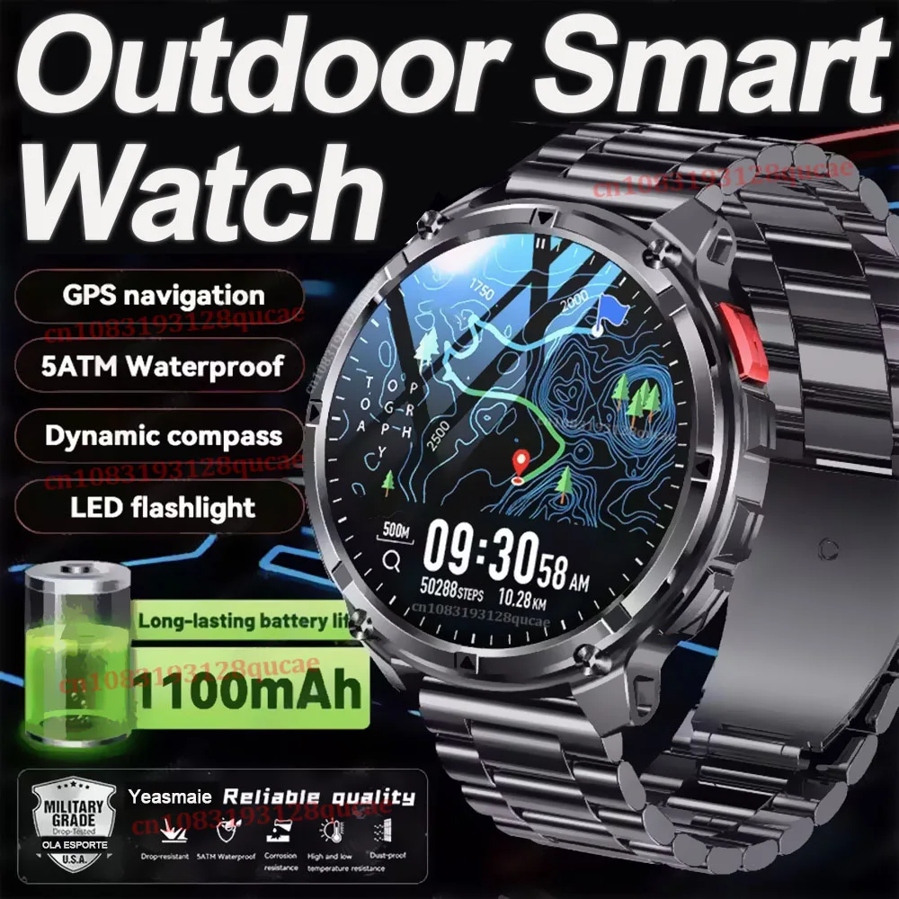 

Смарт-часы 2026 Ultra с аккумулятором 1100 мАч, военные, мужские, 1.7" AMOLED, GPS, отслеживание маршрута, водонепроницаемость 5ATM, спортивный компас, LED-фонарик