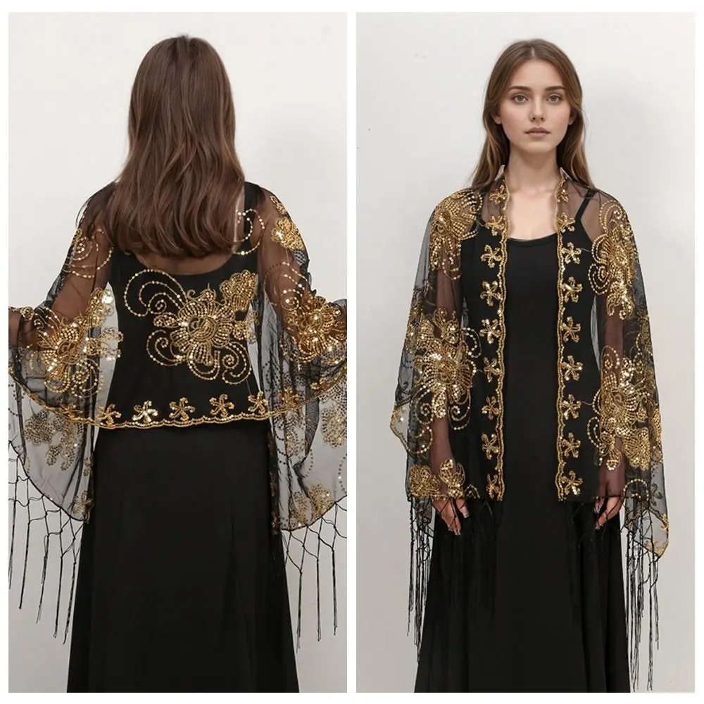 

Sweet Mesh Sequin Shawls Transparent Glitter Evening Dresses Scarves Cape Korean Style Tassels Scarf Ladies/Girls