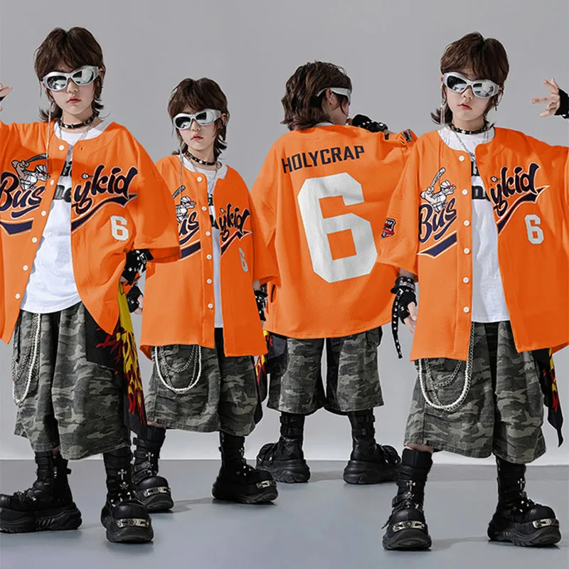 

Kid Hip Hop Clothing Orange Cardigan Baseball Shirt Top Camo Casual Cargo Shorts Middle Pants for Girl Boy Dance Costume Clothes