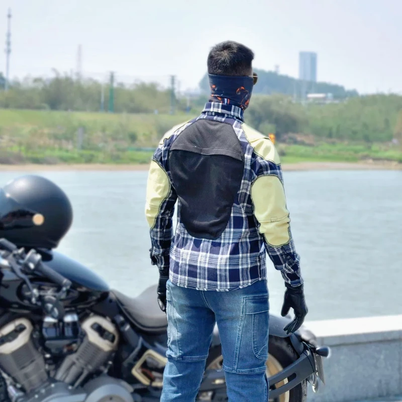 Men Retro Plaid Motorcycle Riding Jacket, 4‑Season Casual Biker Jacket, Impact‑Protective Motorbike Protective Coat