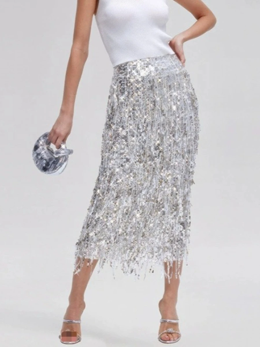 TWOTWINSTYLE Luxury Sequins Midi Women Skirts High Waist Tassel Skirt for Party Gathering Evening Event Wear Fashion Summer New