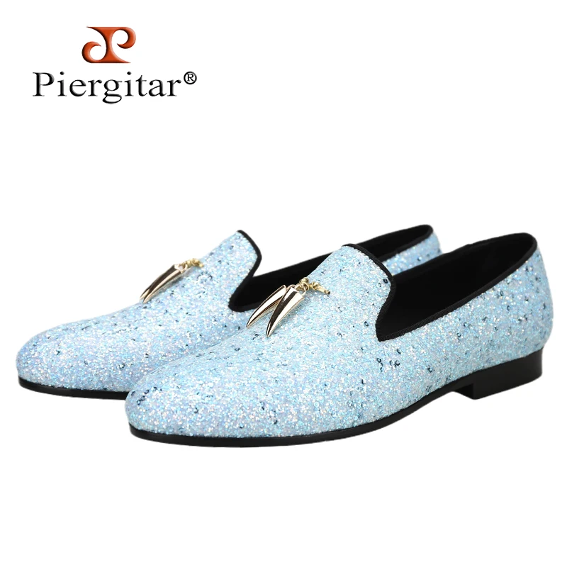 Piergitar Two Colors Blue Sequined Cloth Men's Loafers With Gold Metal Tassels Design For Party Wear Handmade Slip-On Shoes